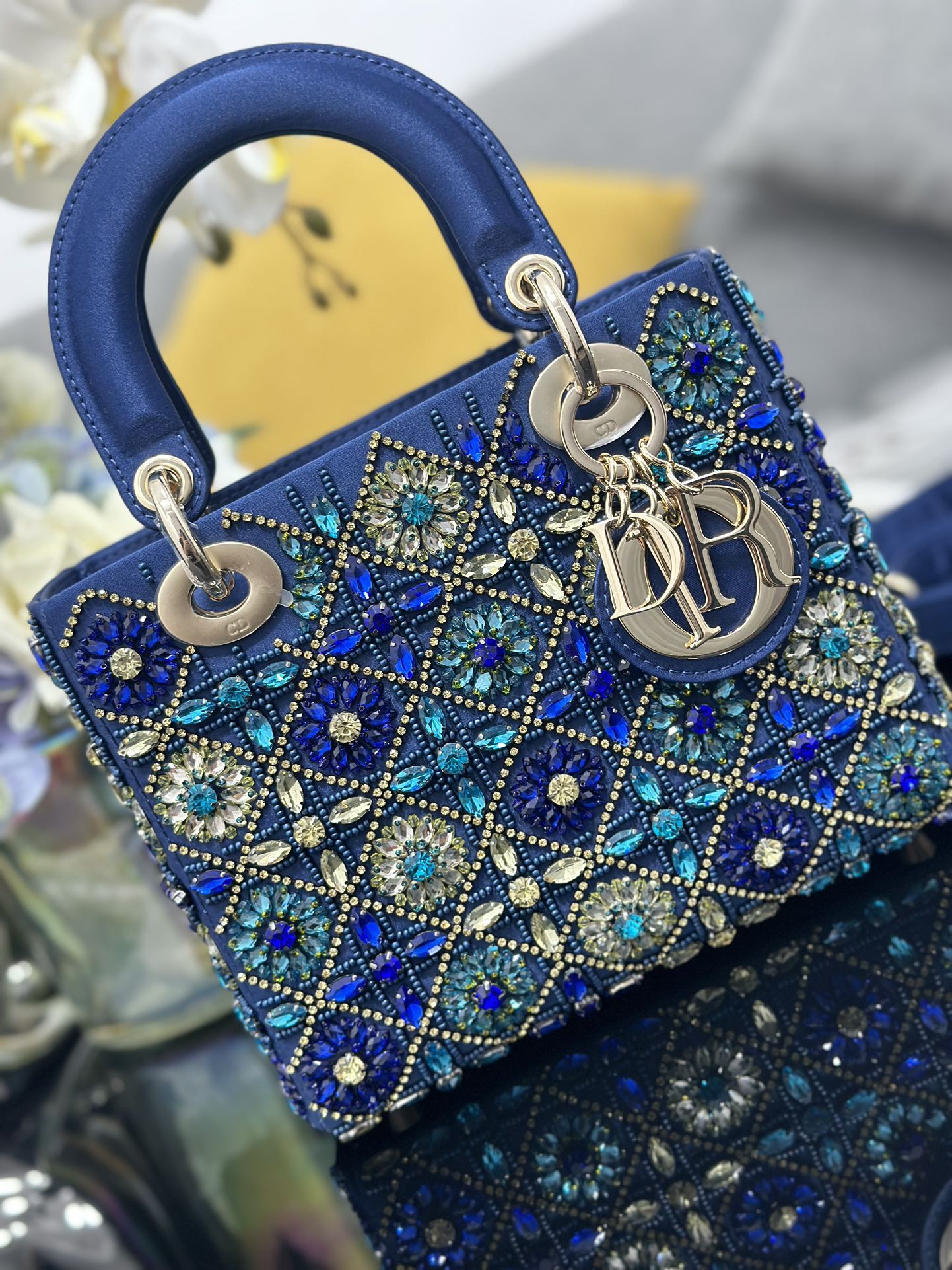 Small Lady Dior Bag Blue Satin Embroidered with Diamond